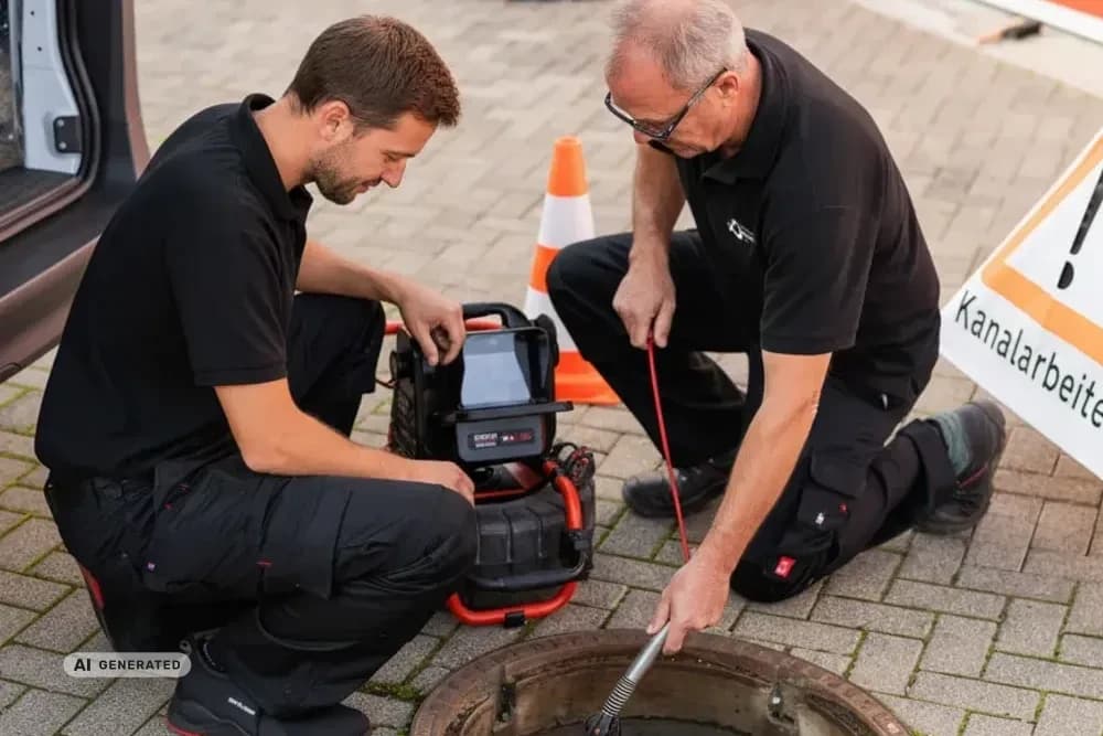 Zwei Techniker von Rohrreinigung Rocket bei der Kanalinspektion am offenen Schacht