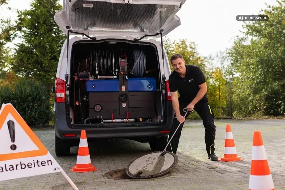 Techniker öffnet den Kanalschacht, dahinter das Einsatzfahrzeug von Rohrreinigung Rocket