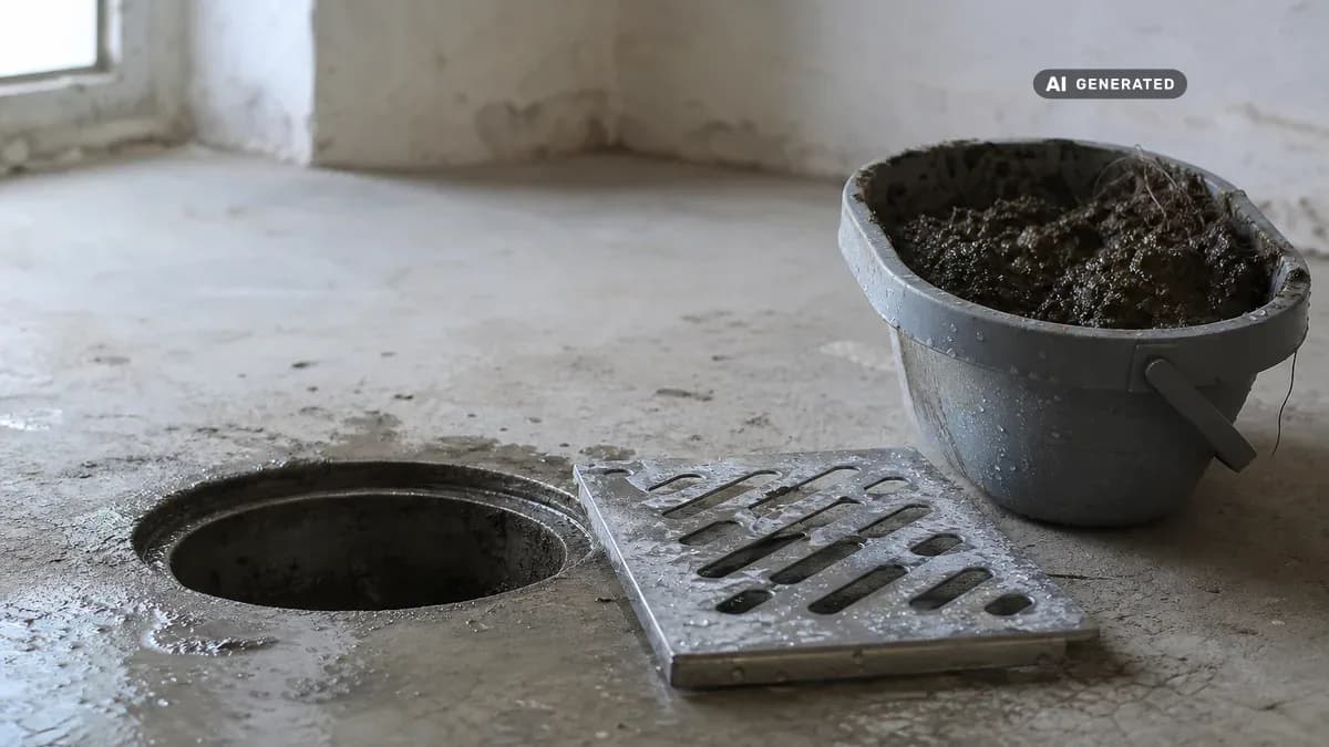 KI-generiertes Bild: Offener Bodenablauf in einem Kellerboden mit abgenommenem Ablaufgitter aus Edelstahl und herausgehobenem Schlammeimer daneben