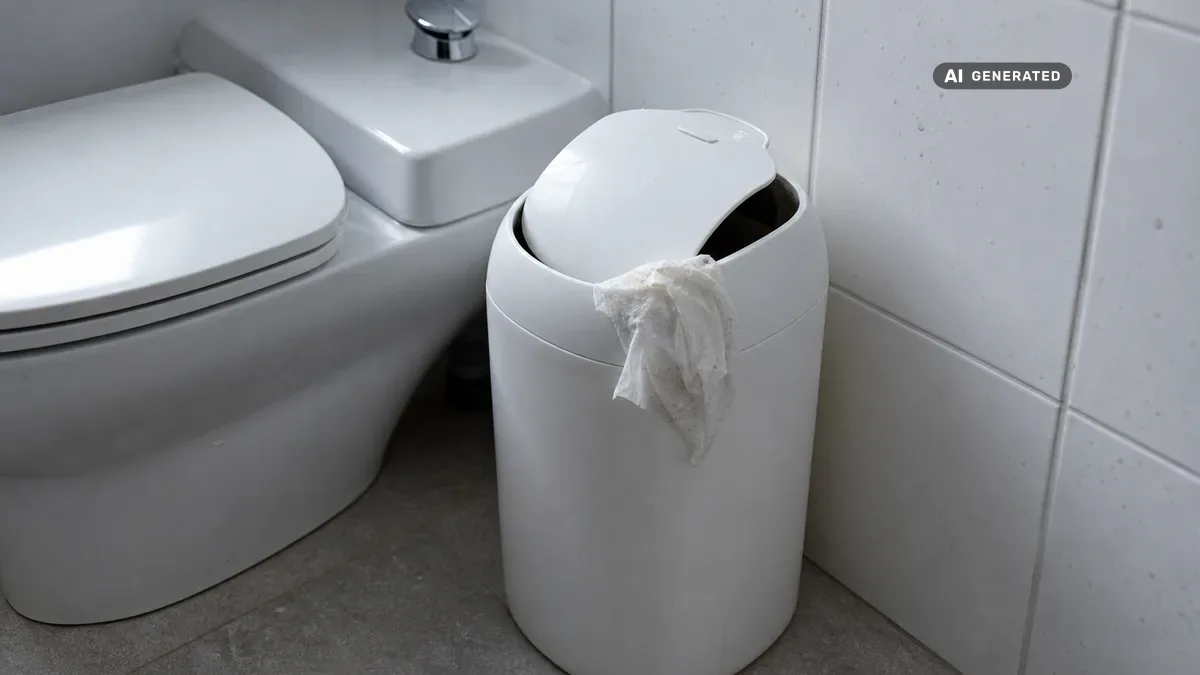 KI-generiertes Bild: Hand wirft ein benutztes Feuchttuch in einen geschlossenen Mülleimer im Bad, statt es in die Toilette zu geben