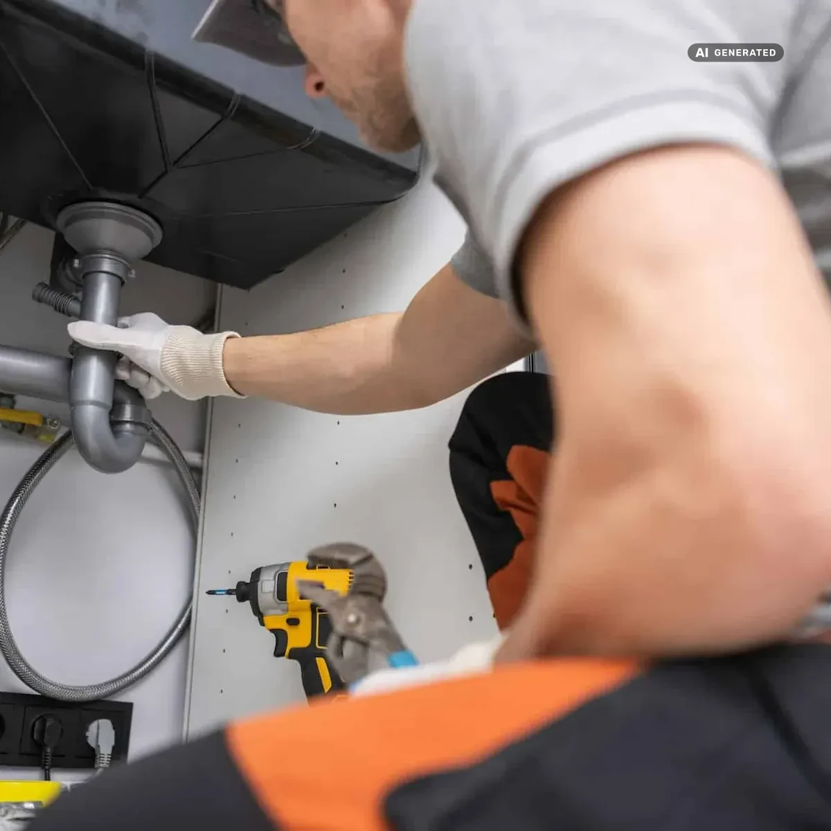 KI-generiertes Bild: Techniker reinigt einen verstopften Küchenabfluss beim Kunden