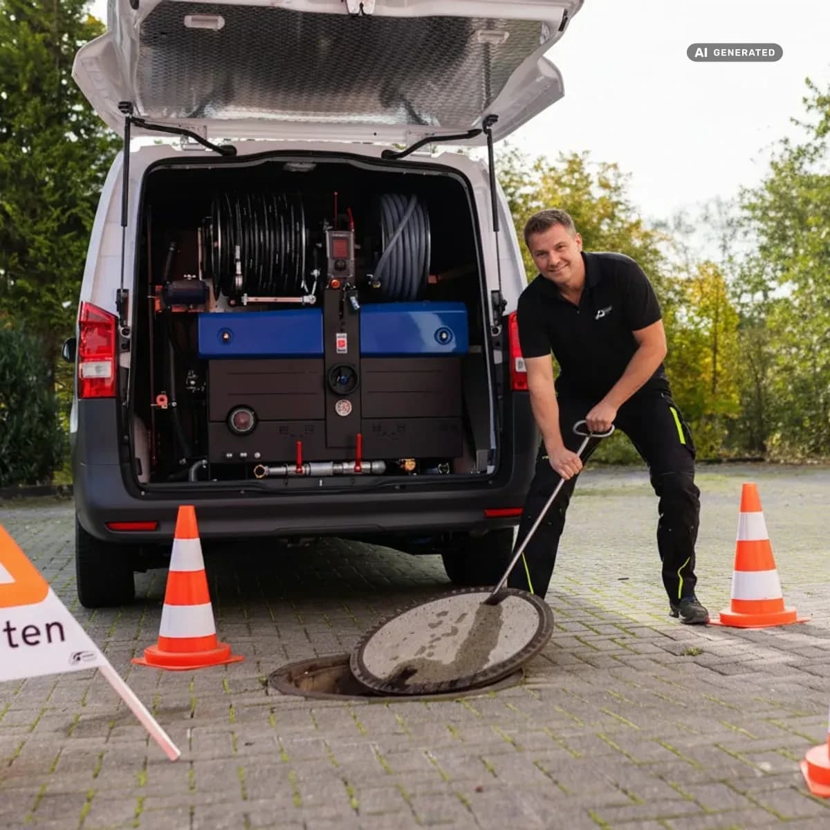 KI-generiertes Bild: Techniker öffnet den Kanalschacht, dahinter das Spülfahrzeug