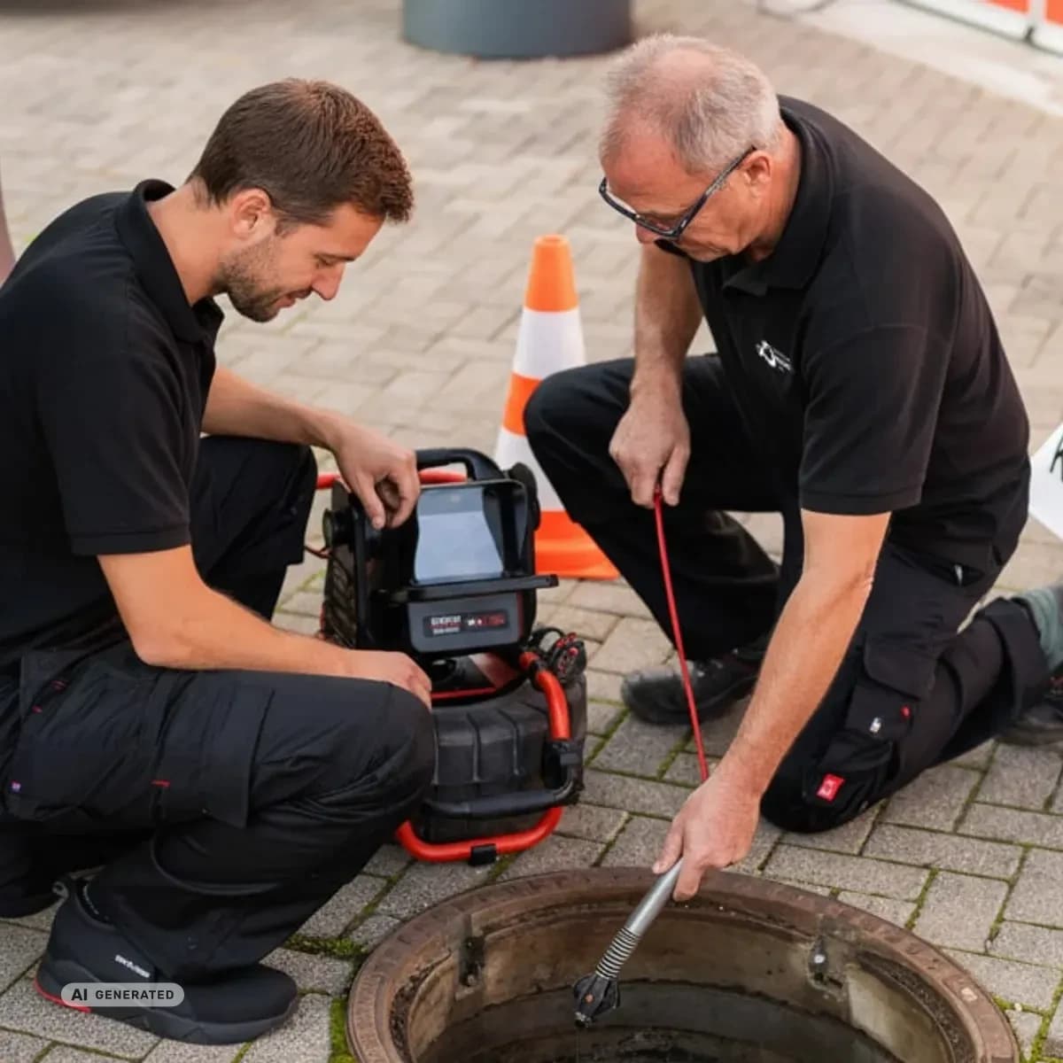 KI-generiertes Bild: Techniker löst eine Verstopfung mit der Handspirale im Bad