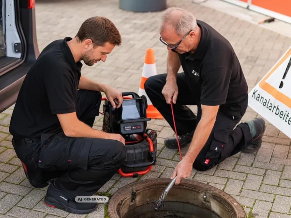 Zwei Techniker untersuchen den offenen Kanalschacht mit der Kamera