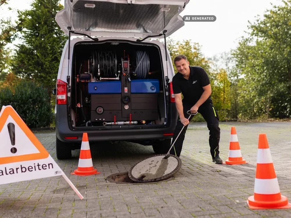 Techniker öffnet den Kanalschacht, dahinter das Spülfahrzeug